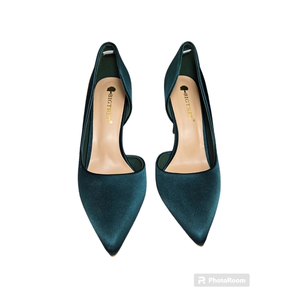 Big Tree Green Satin Heels 8.5 Sz 40 - Picture 1 of 4